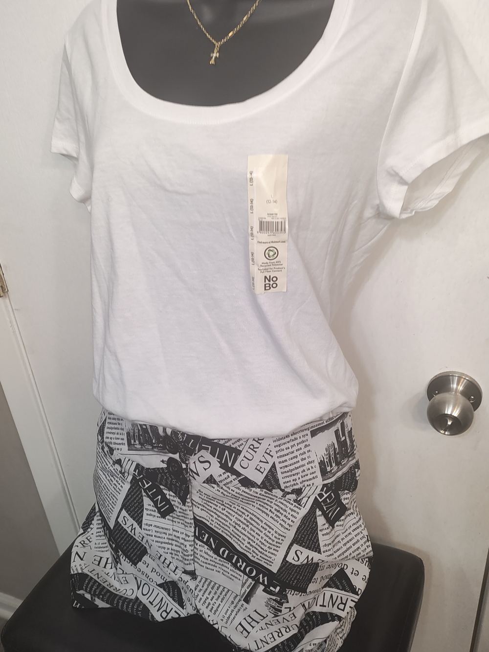 Classic 😀 White Scoop Neck Tee/ Newspaper Printed Short Set